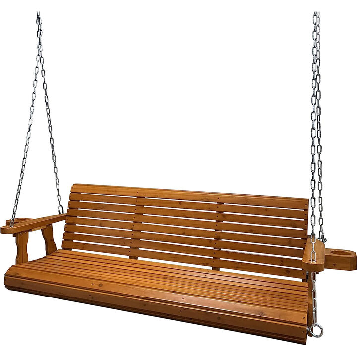 Wooden Porch Swing 3-Seater, Bench Swing with Cupholders, Hanging Chains and 7mm Springs, Heavy Duty 800 LBS, for Outdoor Patio Garden Yard, Brown-5 feet