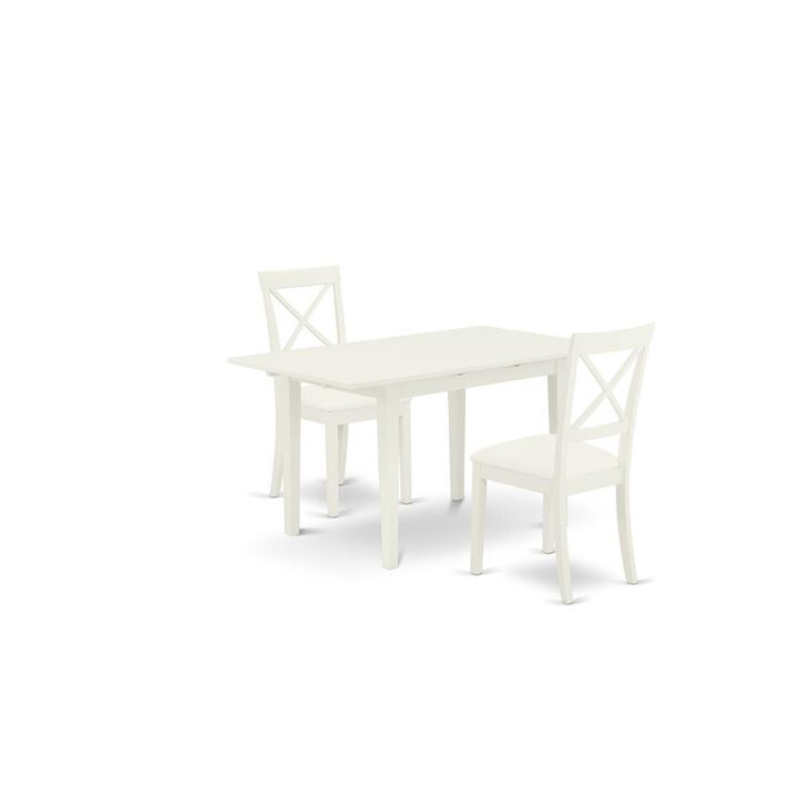 East West Furniture NOBO3-WHI-LC 3-Piece Kitchen Set 2 Dining Room Chairs with X-Back and a Faux Leather Seat and Butterfly Leaf Dining Table with Rectangular Top and 4 Legs- Linen White Finish