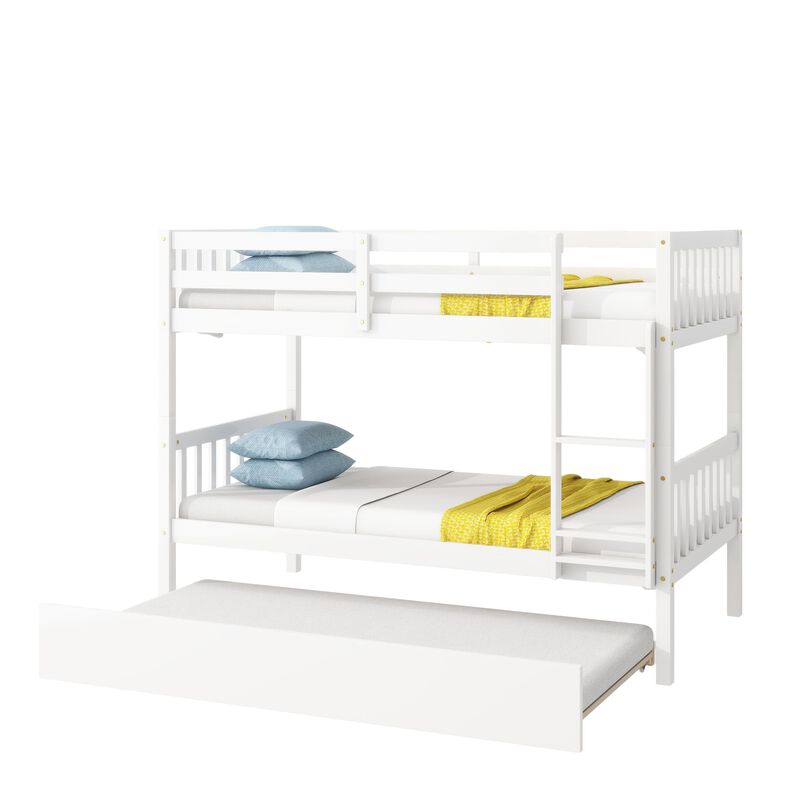 Whisen Twin Over Twin Rubber Wood Bunk Bed with Trundle, Convertible into Twin Size Beds, Twin Size Bunk Bed with Ladder and Safety Guardrails - White