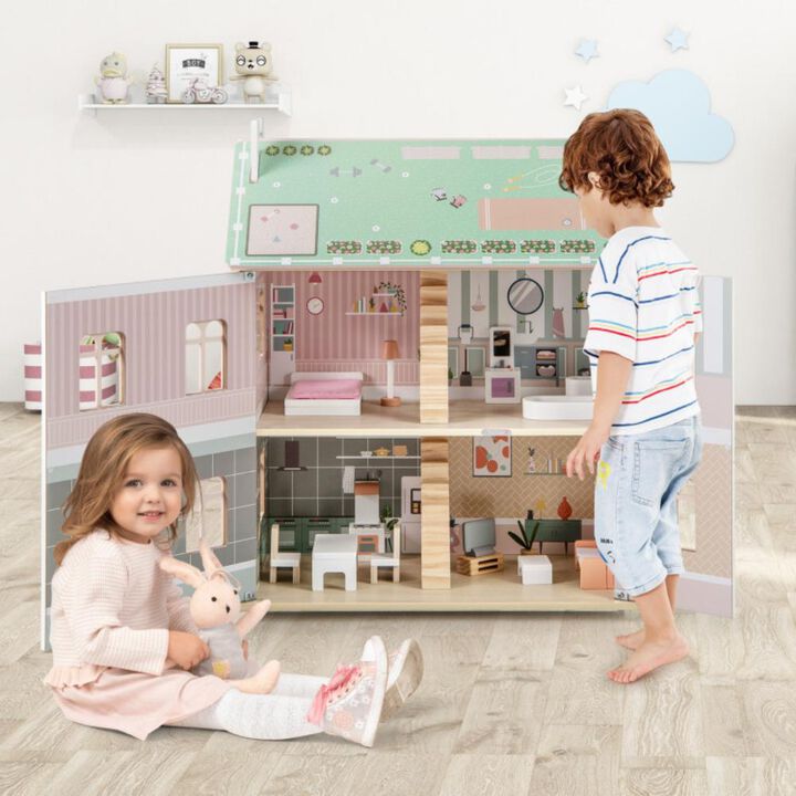 Hivvago Kids Wooden Dollhouse 3 Level with Double-Sided Roofs and Doors