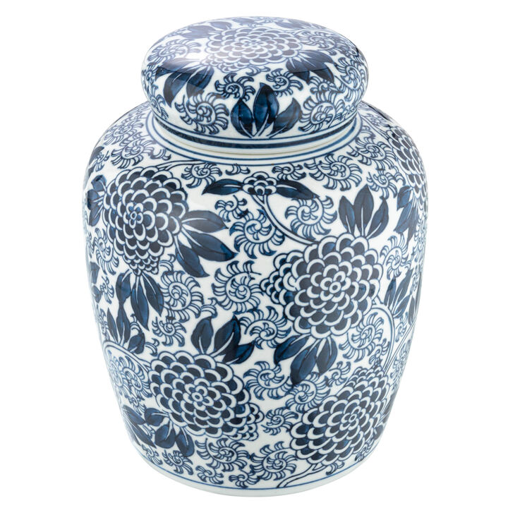 Decorative Chrysanthemum Ceramic Ginger Jar with Lid, Blue and White