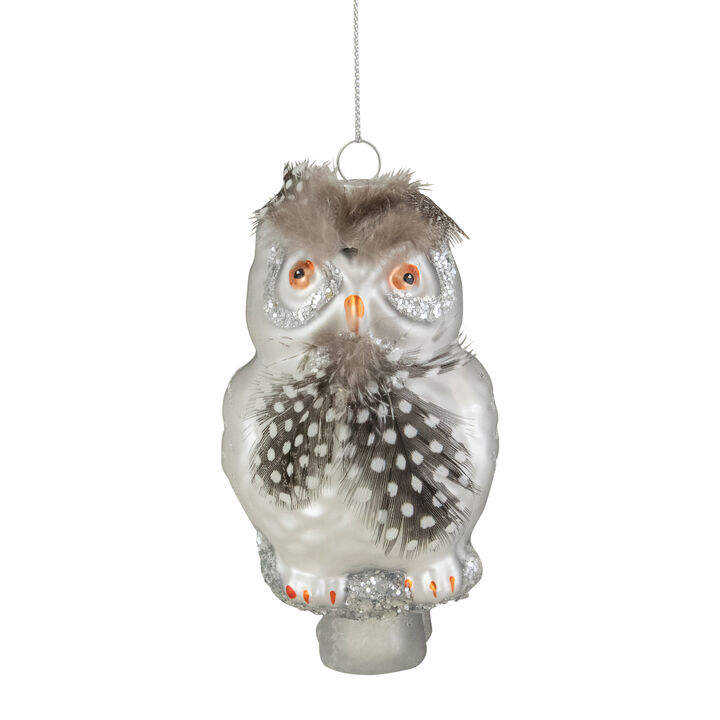 5" Silver and Brown Glass Snow Owl Christmas Ornament