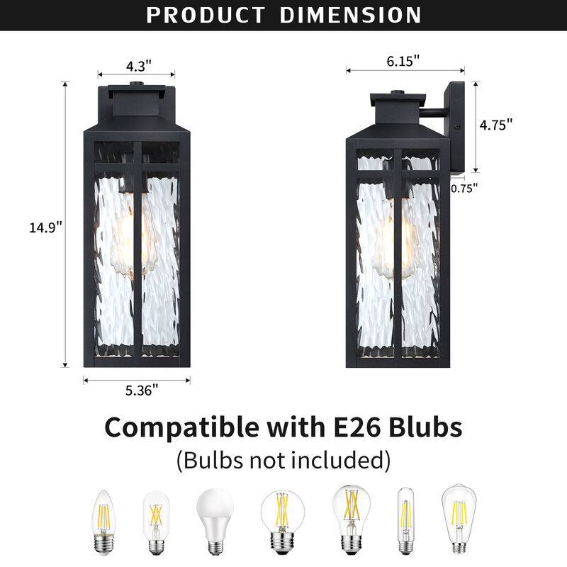 14" Modern Industrial 1-Light Outdoor Wall Lantern with Clear Water Ripple Glass image number 2