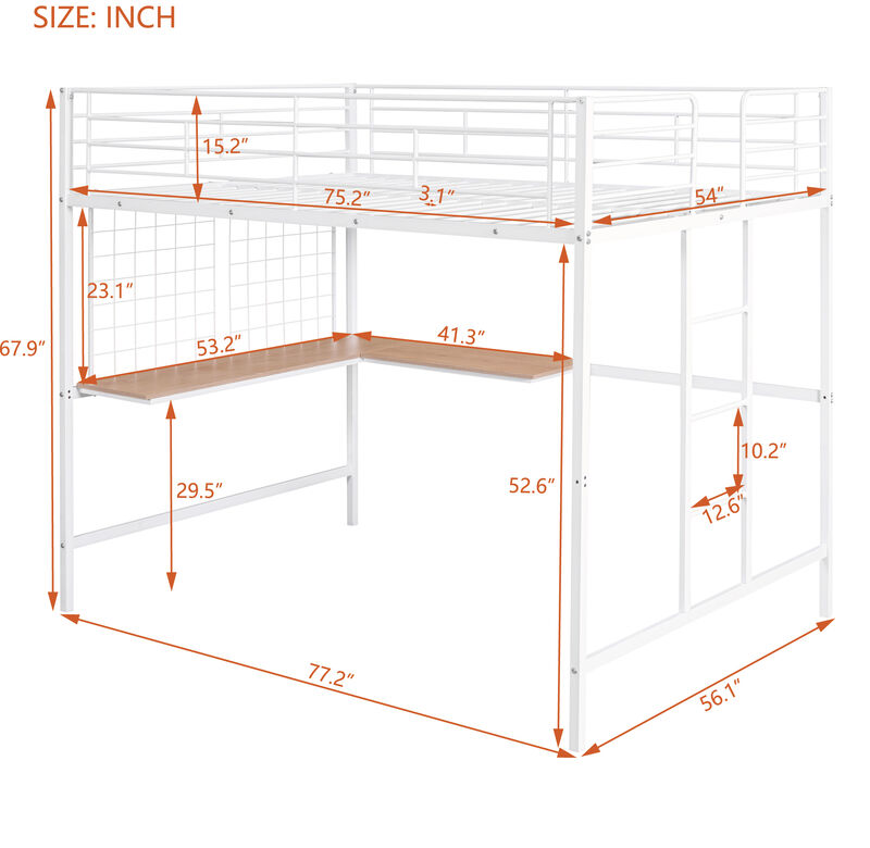 Whisen Modern Style Full Size Metal Loft Bed with Desk and Metal Grid