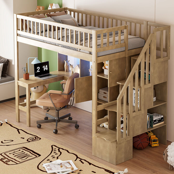 Whisen Twin Size Loft Bed with Desk, LED & Staircase, Solid Wood, for Bedroom