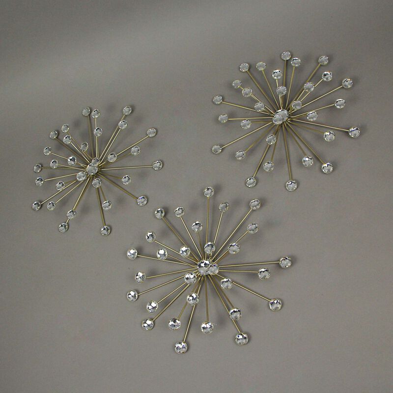 Jeweled Metal Bursting Star Wall Mounted Hanging Sculpture Set of 3 Burst image number 2