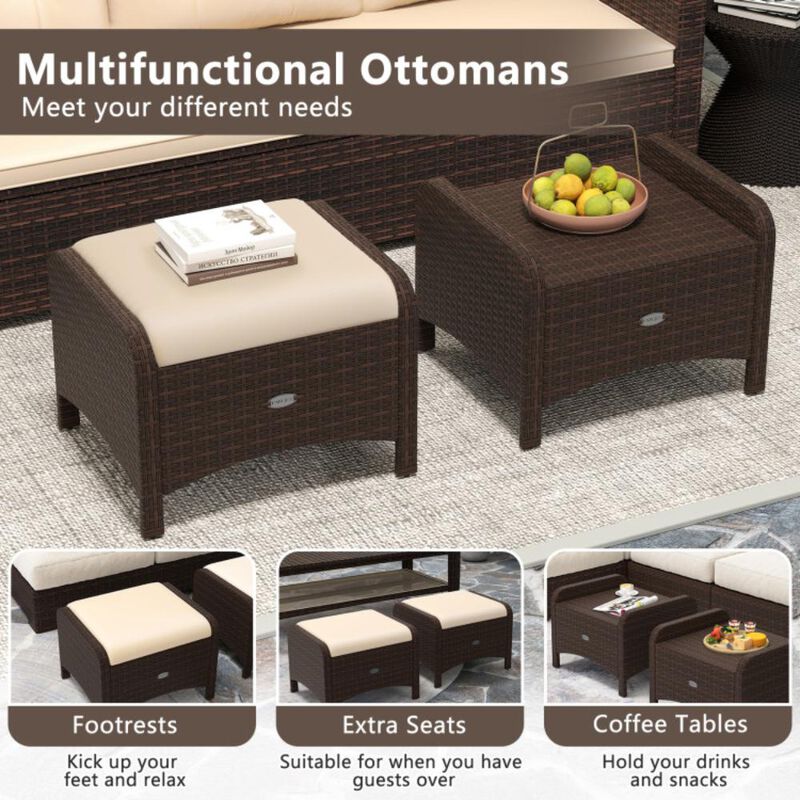 Hivvago 2 Pieces Outdoor Patio PE Wicker Ottomans with Removable Cushions