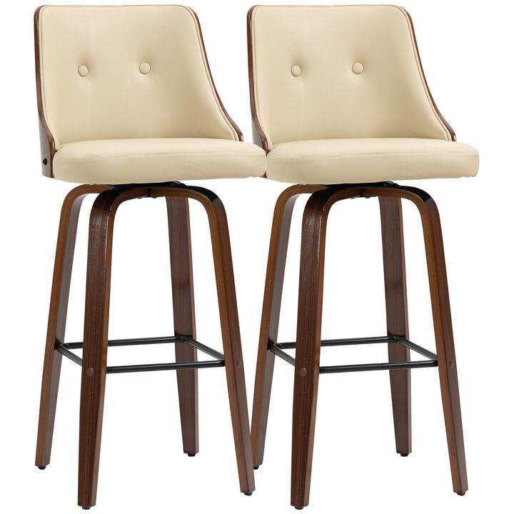 Counter Height Bar Stools Set of 2 PU Leather Swivel Barstools with Footrest and Tufted Back, Beige