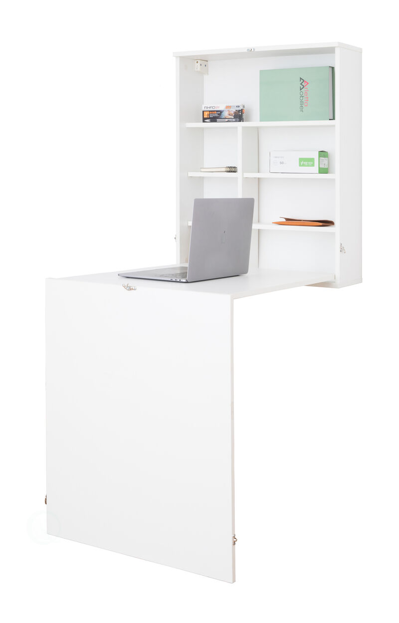 Wall Mount Laptop Fold-out Desk with Shelves, White