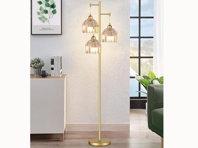 70" Gold Tree Floor Lamp &ndash; 3 Glass Shades, Rustic Finish, LED Bulbs Included