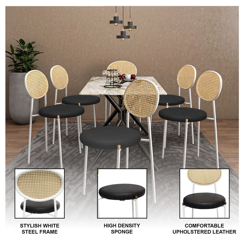 LeisureMod Velvet/Leather Dining Chair Rattan Back Side Chair Comfortable Kitchen Chair with Stainless Steel Base Euston Collection, Set of 2