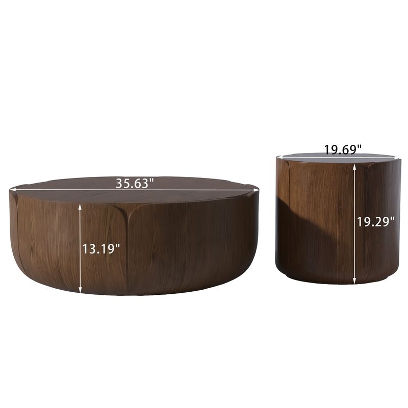 Round Outdoor Indoor Coffee Table Set, Modern Wood Grain Drum Center Table Set, Sturdy Waterproof(Set of 2) image number 4