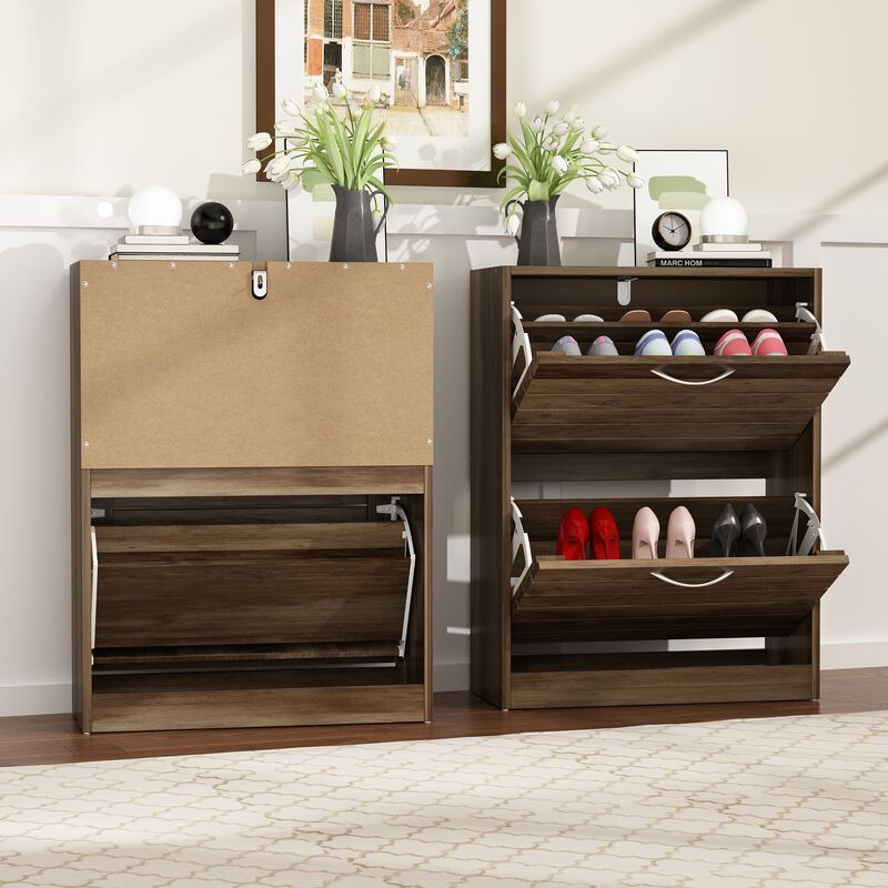 FUFU&GAGA Brown Louvered Shoe Cabinet with 3 Adjustable Shelves and Modern Design (22.4" W x 9.4" D x 29.5" H), Engineered Wood Construction