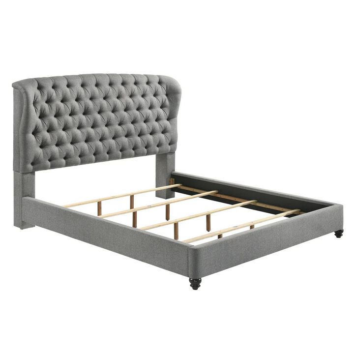 Benjara Kevin Queen Size Bed, Button Tufted, Gray Fabric Upholstery, Low Profile