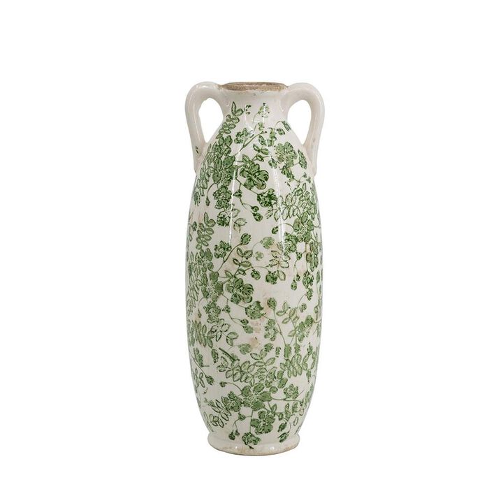 HomeRoots 14" Green And White Leaf Ceramic Amphora Table Vase