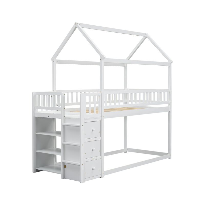 Whisen Twin Over Twin House-shaped Bunk Bed with Shelves, Drawers and Fence Guardrails