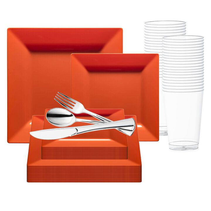 Burnt Orange Square Plastic Plates Wedding Value Set (30 Sets)