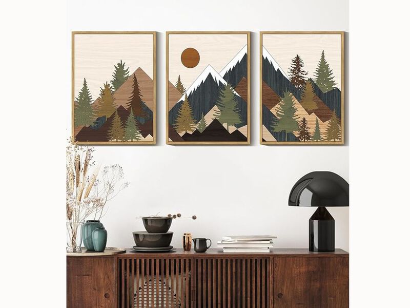 11×14" Mountain Landscape Wall Art – Sunrise Forest Prints, Rustic Natural Frame (Set of 3)