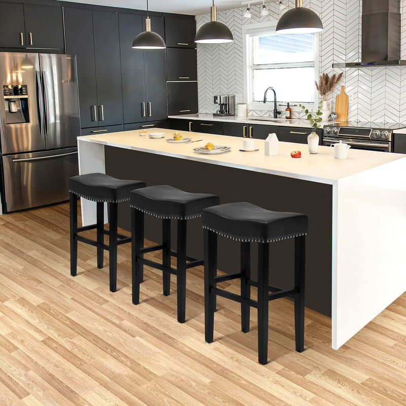 WestinTrends 29" Upholstered Saddle Seat Black Bar Stool (Set of 3)