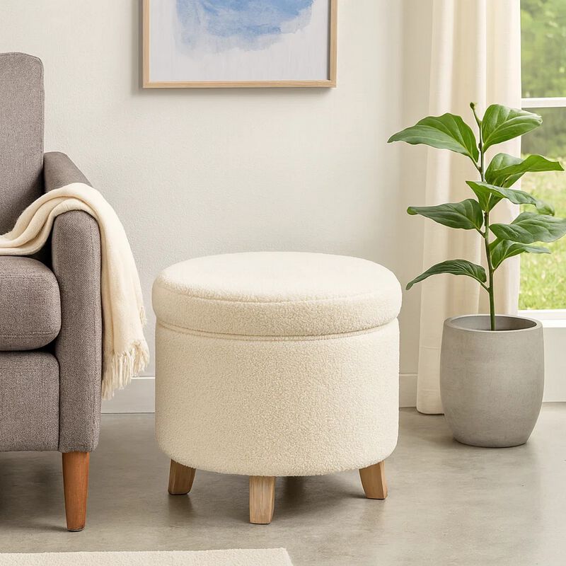 Loni Round Storage Ottoman, 19 Inch Beige Faux Sheepskin, Wood Legs image number 6