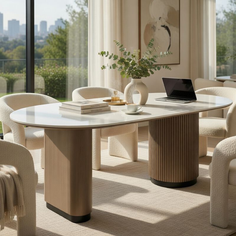 Jeh Dining Table, 87 Inch White Oval Top, Dual Pedestal Base, Oak Brown image number 8
