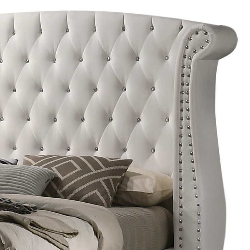 Dini California King Bed, Crystal Button Tufting, White Velvet Upholstery - Benzara