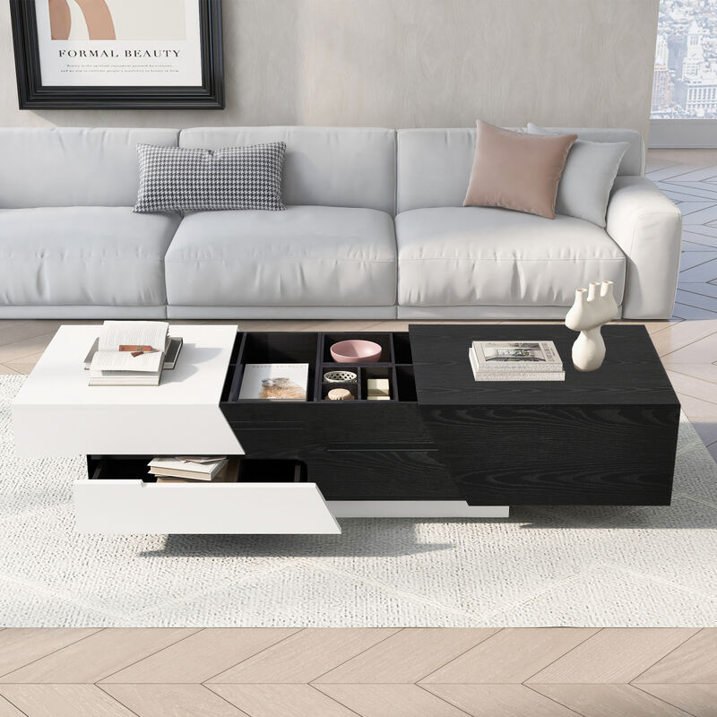 Modern Extendable Sliding Top Coffee Table with Storage in White & Black