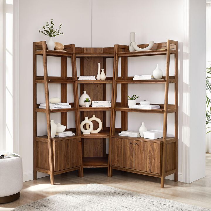 Modway Bixby 3-Piece Corner Bookshelf Set with Wide and Narrow Bookcases in Walnut &ndash; 12-Tier Wood Bookcases with Open Shelves and Base Cabinets for Living Room, Bedroom, Or Home Office