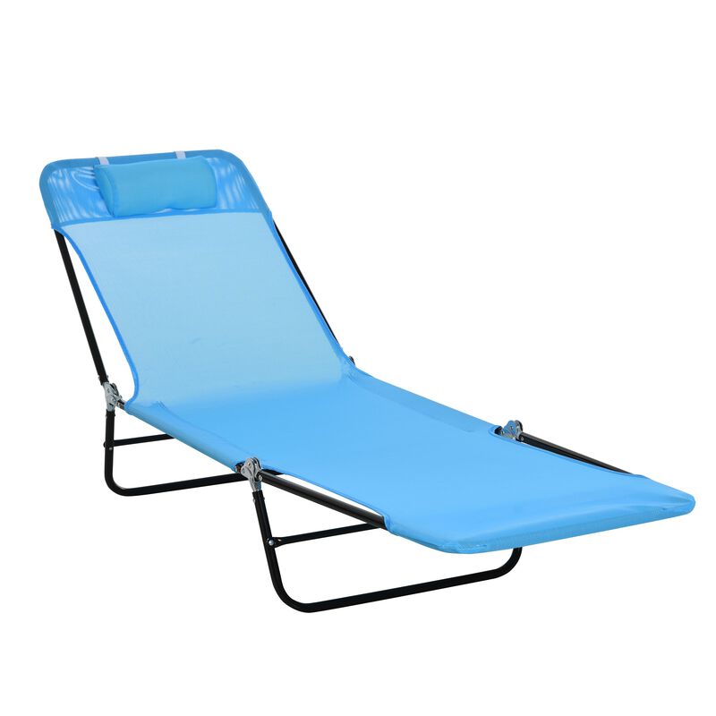 Portable Sun Lounger, Lightweight Folding Chaise Lounge Chair w/ Adjustable Backrest & Pillow for Beach, Poolside and Patio, Blue & Black
