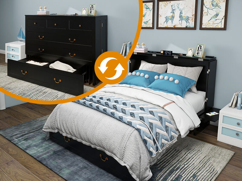 Queen Murphy Bed, Murphy Bed with Drawer Includes Storage Cabinet,USB and Charging Port,Black