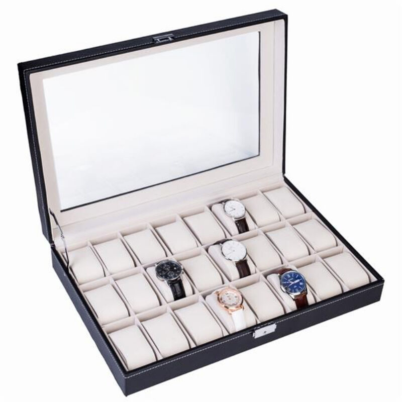 Elegant 24-Compartment Leather Watch Storage Box, Top-Level Opening Style Organizer for Watches and Jewelry