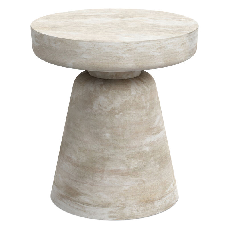 Robbie SOLID MANGO WOOD 16 inch Wide Round Contemporary Rustic Accent Table in Distressed White Wash, Fully Assembled