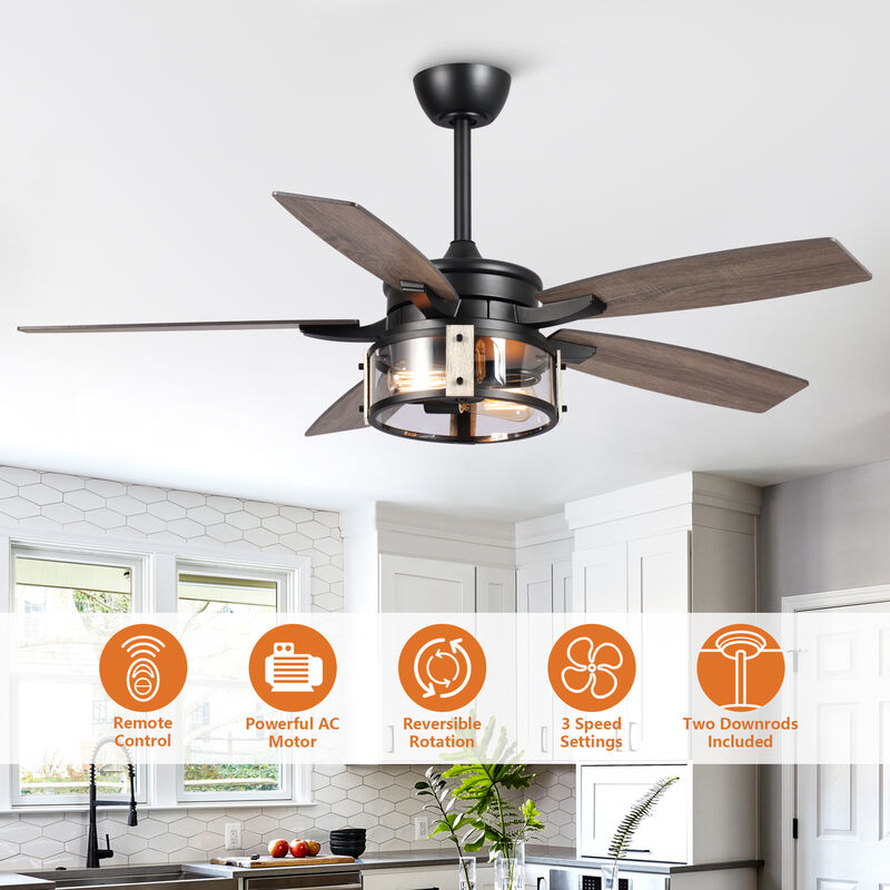 52" Rustic Black Wood 5-Blade Indoor Ceiling Fan with Remote and Light Kit