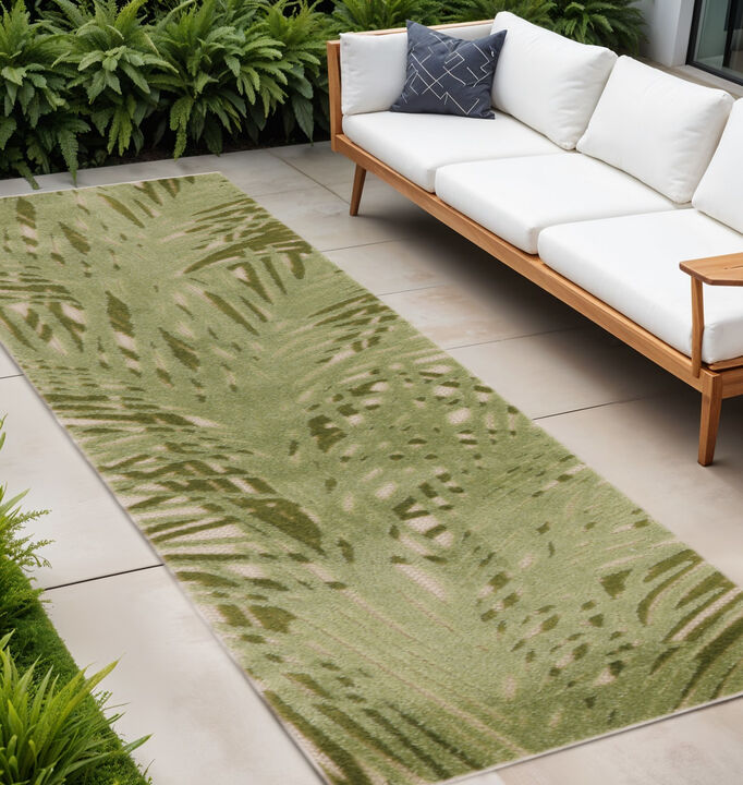 HomeRoots 8' Ivory And Green Palm Leaf Indoor Outdoor Runner Rug