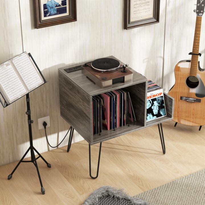 Hivvago Mid-century Record Player Stand with Power Outlet and Vinyl Divider