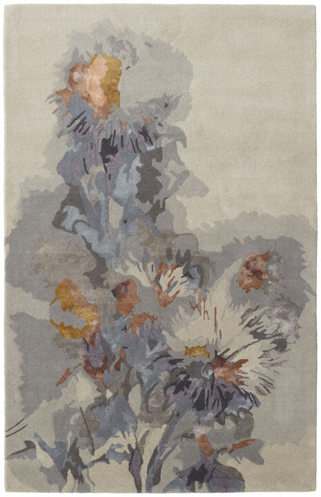 2 X 3 gray Blue And Orange Wool Floral Tufted Handmade Area Rug