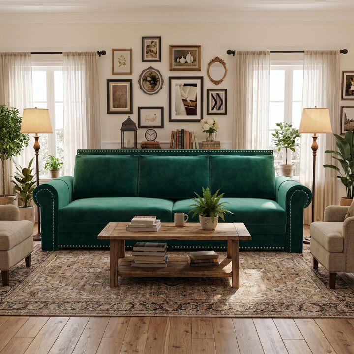 Whisen 93.7" King Pull Out Sleeper Sofa, 3-in-1 Convertible Sleeper with Nailhead Trim, Velvet for Living Room