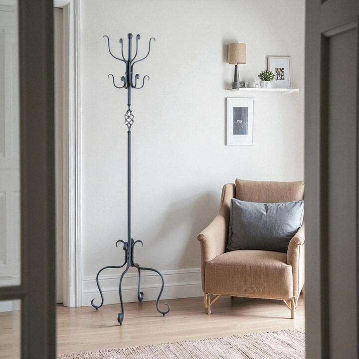 Metal Coat Rack Hall Tree with Hooks and Shelves for Entryway Organization