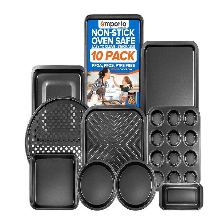Stackable Baking Pan Set - Nonstick Gray Coating, Carbon Steel Bakeware Sets, PFOA, PFOS, PTFE Free, Recipe Booklet Included, Oven Safe Tray (Up To 450° F), Set of 10 - Gray