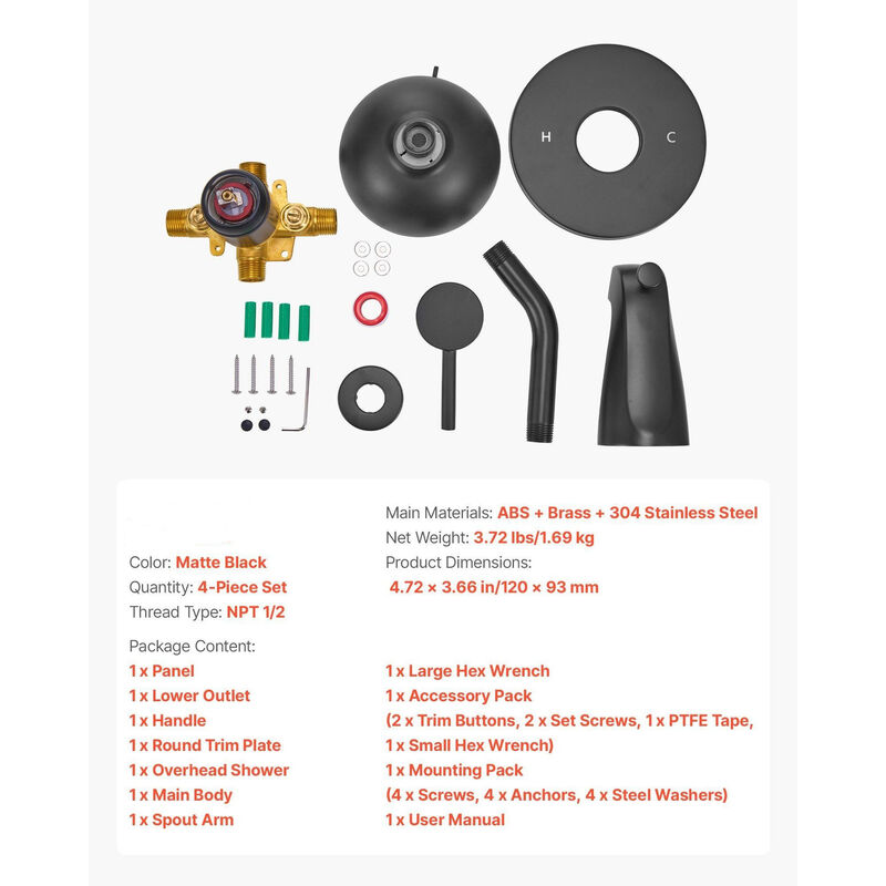 Tub and Shower Faucet Set Matte Black Rainfall Shower Head Tub Spout image number 2