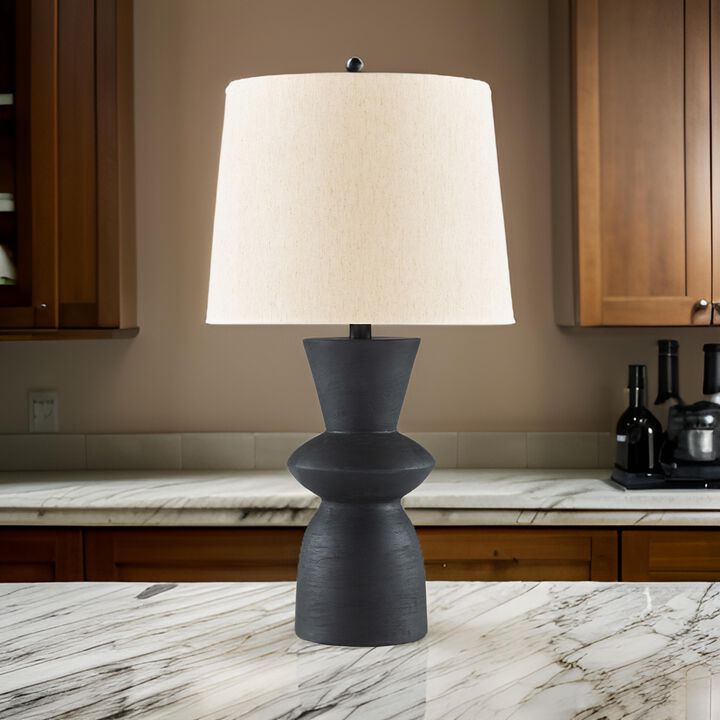 25 Inch Table Lamp Set of 2, Black Sculptural Solid Base, Drum Hardback - Benzara