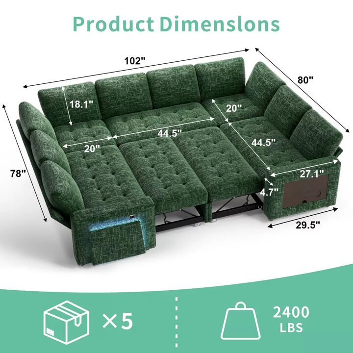 102" 8-Seat U-Shaped Modular Sectional Sleeper Sofa with Pull Out Bed, Chenille Reclining Backrests