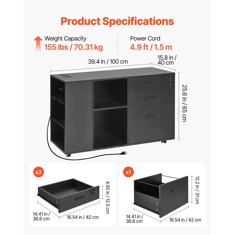 Mobile 3 Drawer Wooden Filing Cabinet with Integrated Power Strip