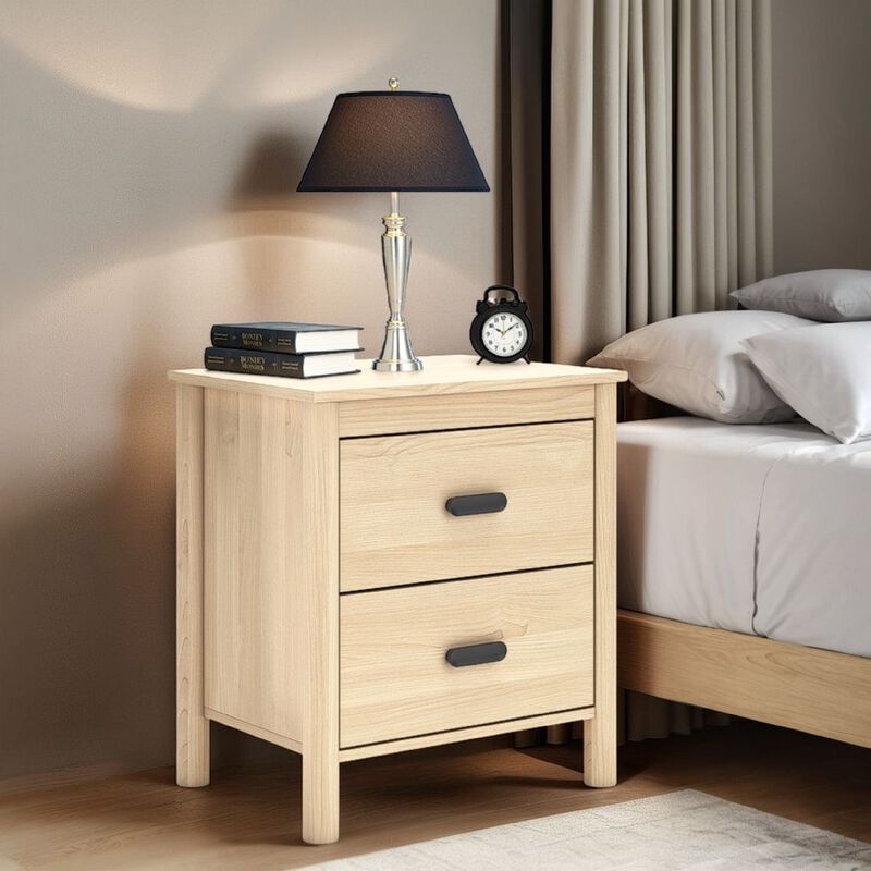 Abis Nightstand, 2 Drawers, Natural Brown Wood, Black Handles, 24 Inch - Benzara