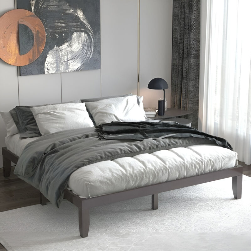 Sleek Rubberwood Platform Bed, Low Profile Frame for Modern Bedrooms