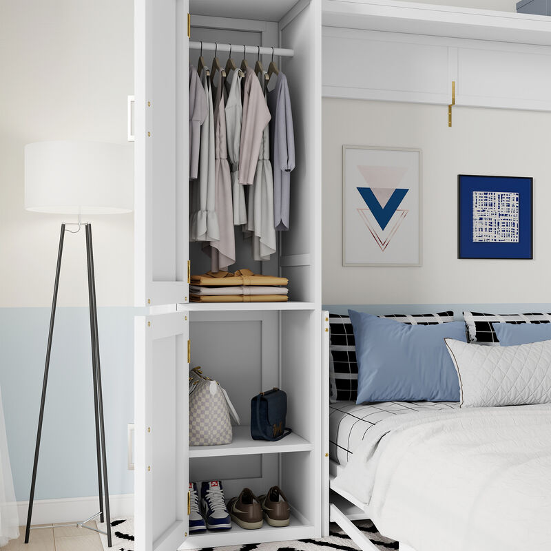 Whisen Queen Size Wood Murphy Bed with Wardrobe, Desk, Gas Struts and Charging Station image number 8