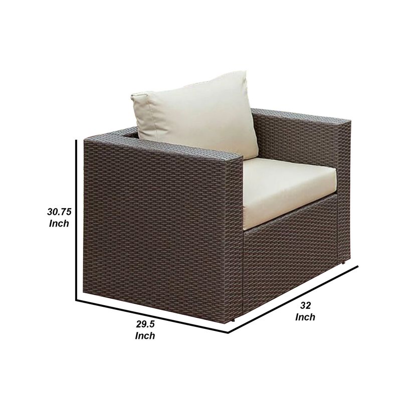 Faux Rattan Arm Chair with Seat & Back Cushions, Gray And Ivory-Benzara