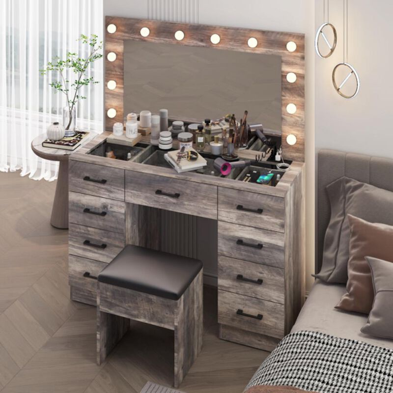 Vanity Desk Set with Large Lighted Mirror and Power Outlet &ndash; Modern Makeup Table with Storage and Charging Station