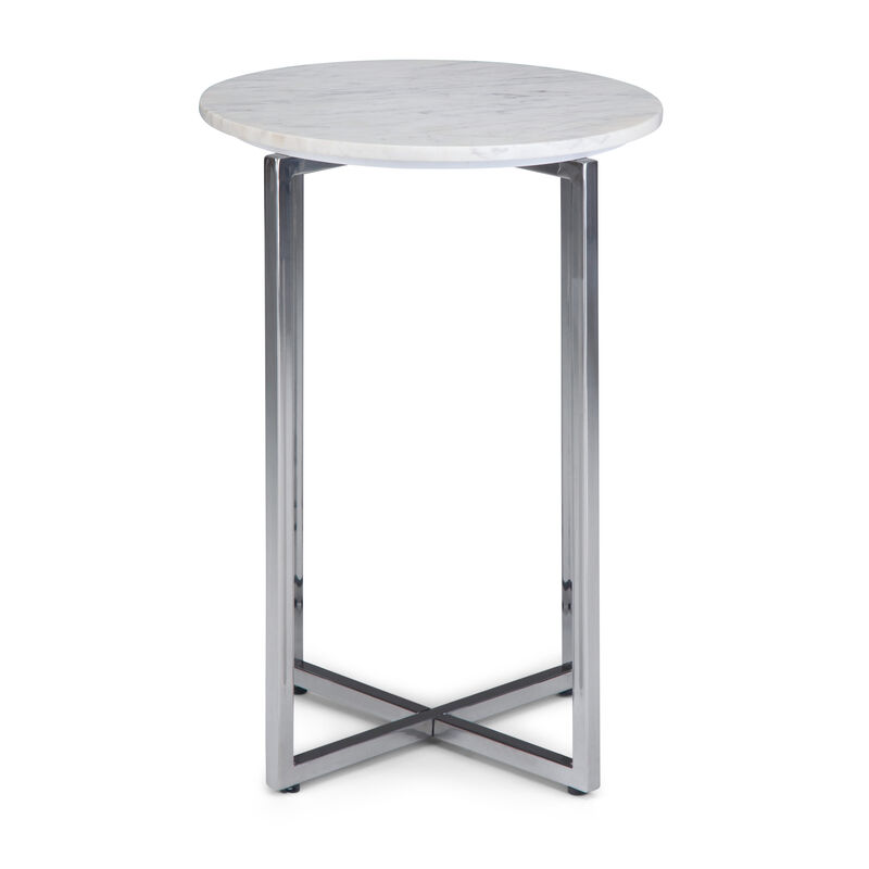 Marsden Modern 18 inch Wide Metal Accent Side Table with Polished Stainless Steel Base in White, Silver