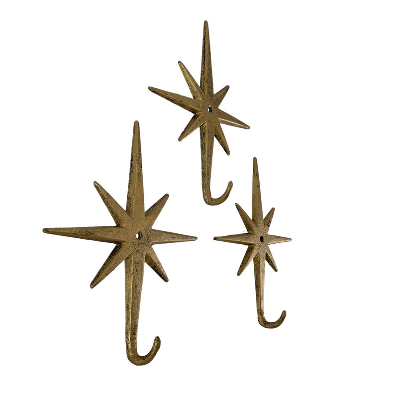 Antique Gold Cast Iron Atomic Starburst Wall Hooks Set of 3 &ndash; Mid-Century Modern Decor for Stylish Organization and Chic Storage image number 0